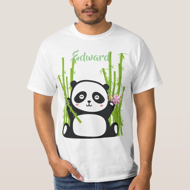 Happy Panda with Bamboo & Cherry Blossom  T-Shirt (Front)