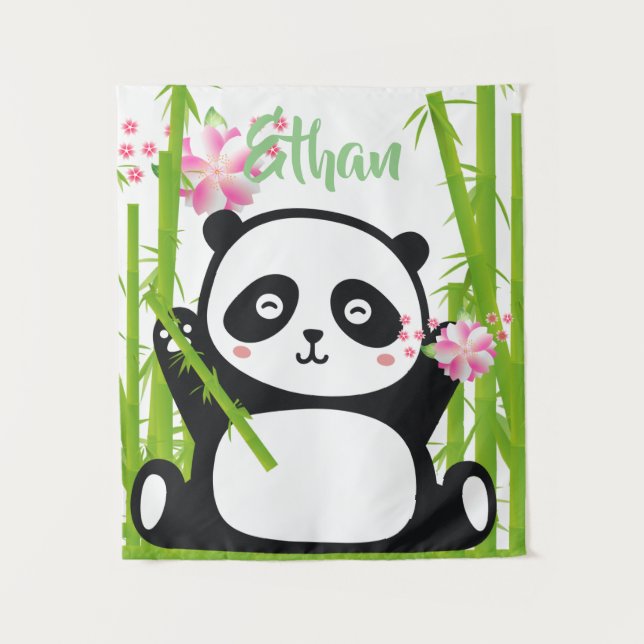 Happy Panda with Bamboo & Cherry Blossom Tapestry (Front)