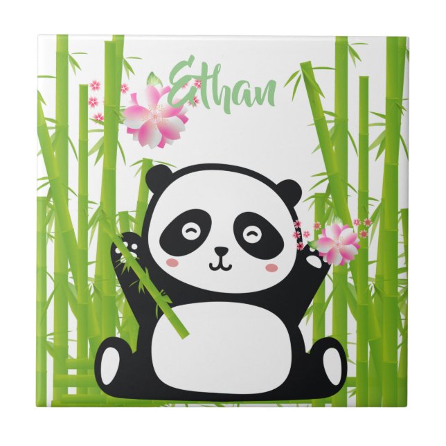 Happy Panda with Bamboo & Cherry Blossom  Tile (Front)