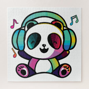 Happy Panda with headphones listening to music.  Jigsaw Puzzle