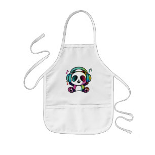 Happy Panda with headphones listening to music. Kids Apron