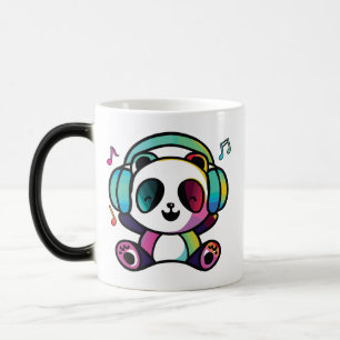 Happy Panda with headphones listening to music.  Magic Mug