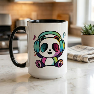 Happy Panda with headphones listening to music.  Mug