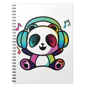 Happy Panda with headphones listening to music. Notebook