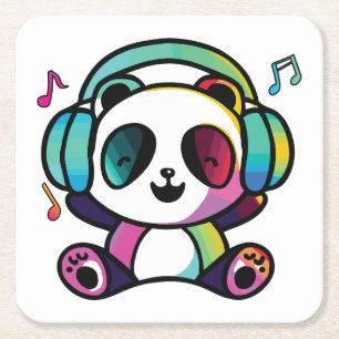 Happy Panda with headphones listening to music.  Square Paper Coaster