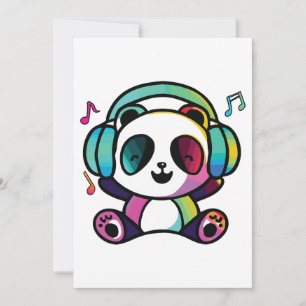 Happy Panda with headphones listening to music.  Thank You Card