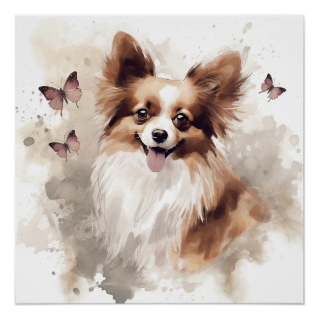 Happy Papillon Dog Watercolor Poster (Front)