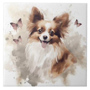 Happy Papillon Dog Watercolor Tile