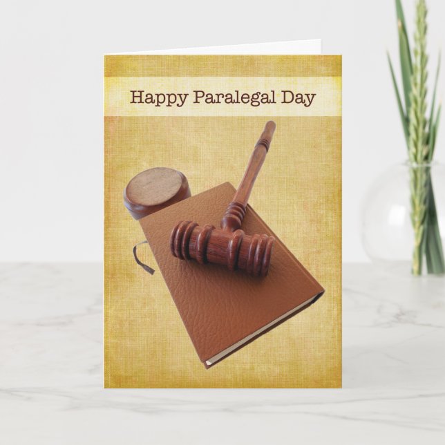 Happy Paralegal Day Gavel & Book on Brown Card (Front)