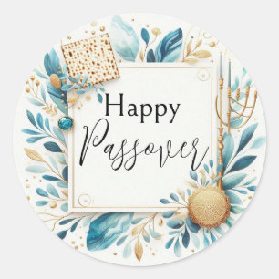 Happy Passover Agate Blue Gold Matzah Classic Round Sticker