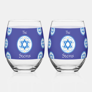 Happy PASSOVER Blue Star of David NAME Stemless Wine Glass