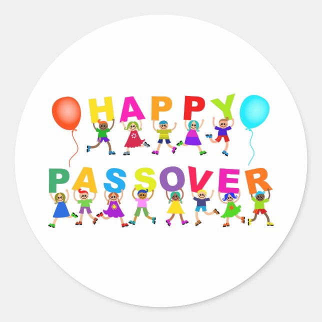 Happy Passover Cute Cartoon Diverse Kids Text Classic Round Sticker (Front)