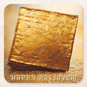 Happy Passover! Golden Matzah Square Paper Coaster