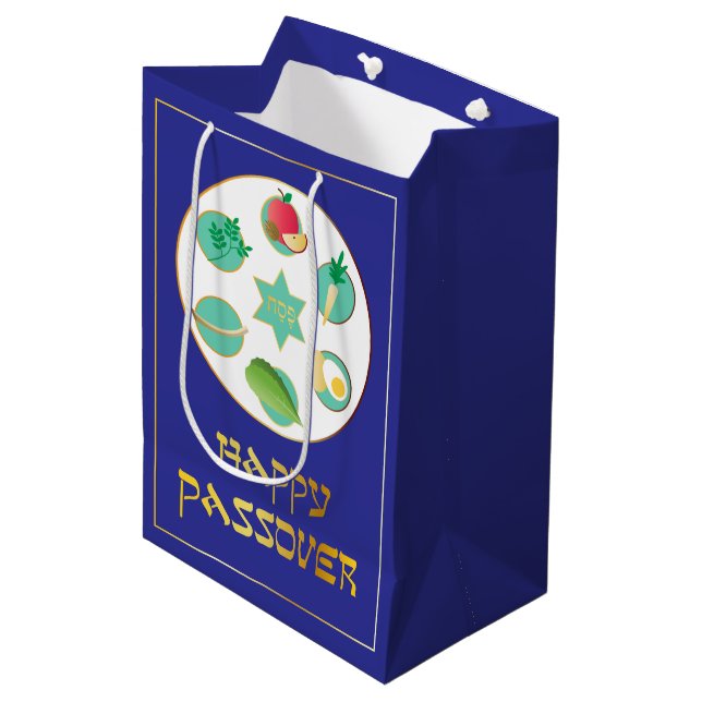 Happy Passover In Blue Medium Gift Bag (Front Angled)