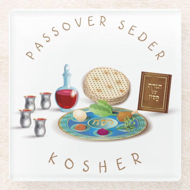 Happy Passover SEDER Kosher Pesach Plate Glass Coaster (Front)