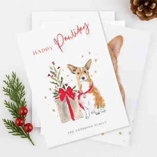Happy Pawliday Watercolor Corgi Dog Photo Xmas Holiday Card