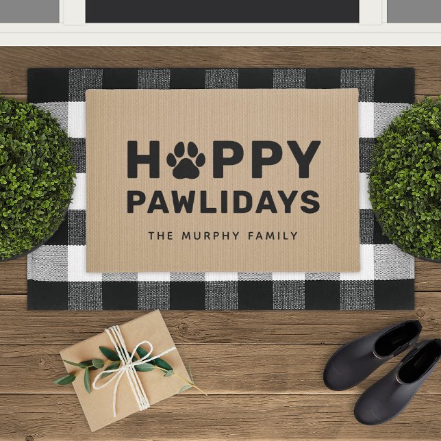 Happy Pawlidays Black and Tan Custom Dog Name Door Doormat (Creator Uploaded)