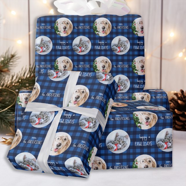 Happy Pawlidays Blue Holiday Plaid Cat Dog Photo Wrapping Paper (Creator Uploaded)