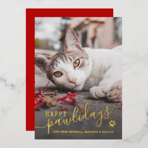 Happy Pawlidays Cat Photo Pet Red Christmas Real Foil Holiday Card