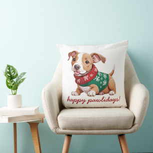 Happy Pawlidays   Christmas Sweater Pitbull Puppy Cushion