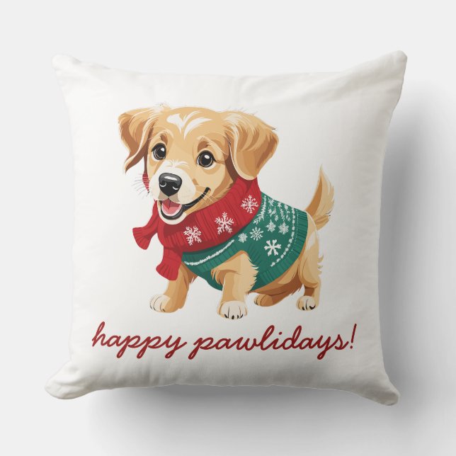 Happy Pawlidays | Cosy Christmas Golden Retriever Cushion (Front)
