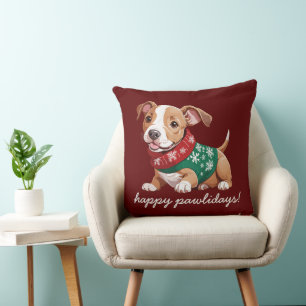 Happy Pawlidays   Cosy Christmas Pitbull Puppy Cushion