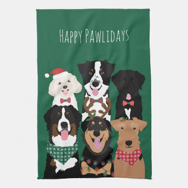 Happy Pawlidays Cute Christmas Tea Towel (Vertical)