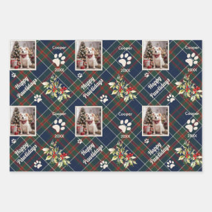 Happy Pawlidays Dog Blue Plaid Christmas Wrapping Paper Sheet