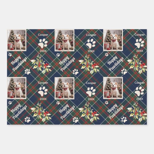 Happy Pawlidays Dog Blue Plaid Christmas Wrapping Paper Sheet (Front)