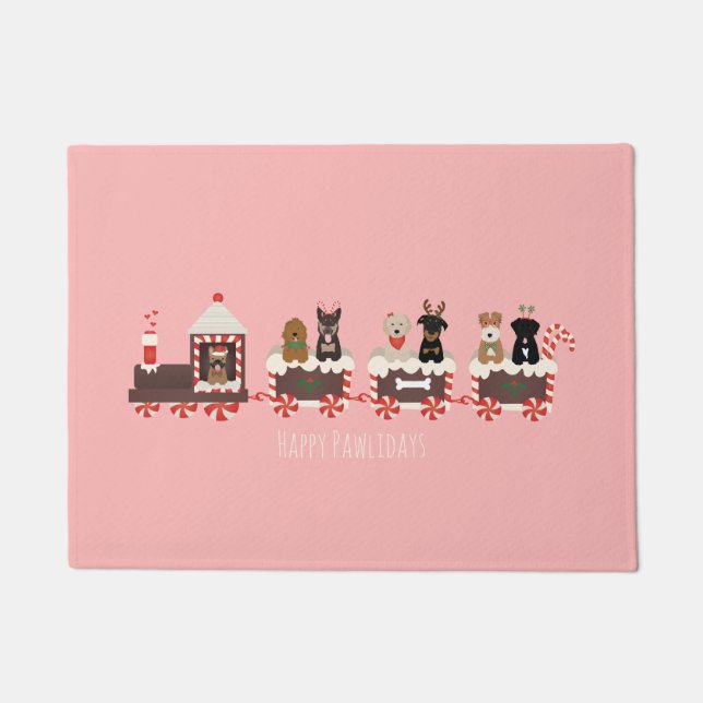 Happy Pawlidays Dog Christmas Holiday Train Doormat (Front)