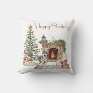 Happy Pawlidays Dog Design- Alaskan Malamute Cushion