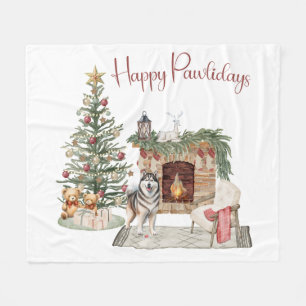 Happy Pawlidays Dog Design- Alaskan Malamute Fleece Blanket