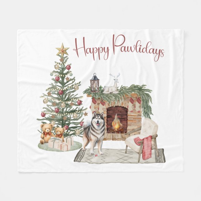 Happy Pawlidays Dog Design- Alaskan Malamute Fleece Blanket (Front (Horizontal))