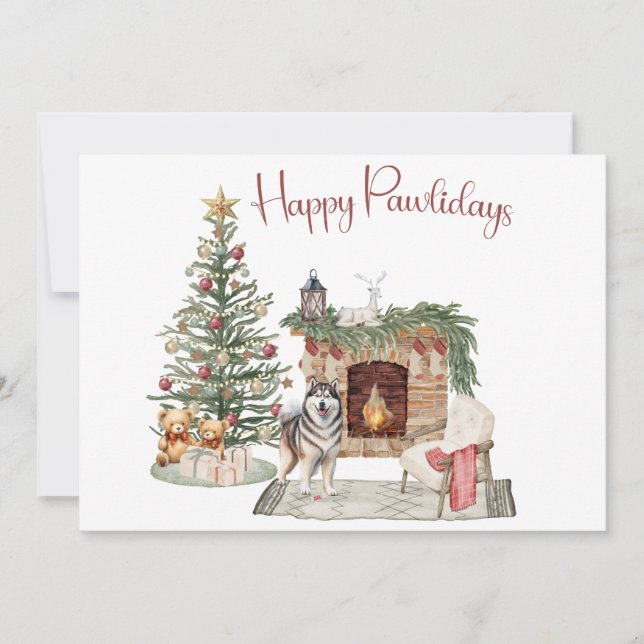 Happy Pawlidays Dog Design- Alaskan Malamute Holiday Card (Front)