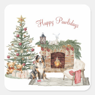 Happy Pawlidays Dog Design- Australian Shepherd Square Sticker