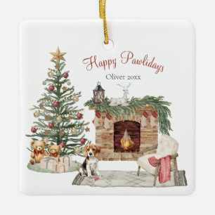 Happy Pawlidays Dog Design- Beagle Ceramic Ornament