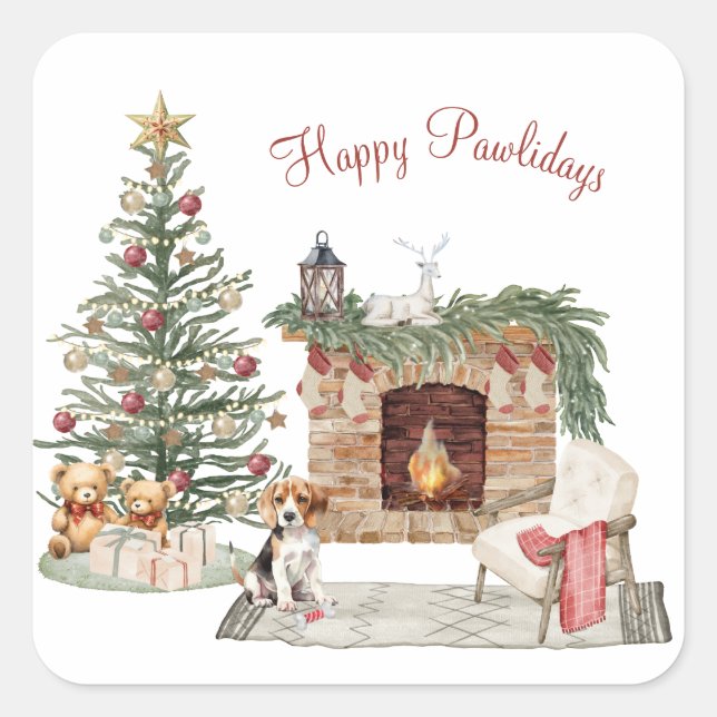 Happy Pawlidays Dog Design- Beagle Square Sticker (Front)
