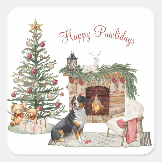 Happy Pawlidays Dog Design- Bernese Mountain Dog Square Sticker (Front)