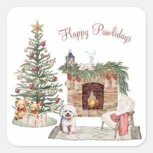 Happy Pawlidays Dog Design- Bichon Frise Square Sticker