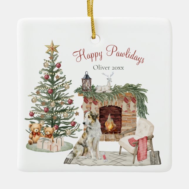 Happy Pawlidays Dog Design- Borzoi Ceramic Ornament (Front)