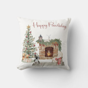Happy Pawlidays Dog Design- Boston Terrier Cushion