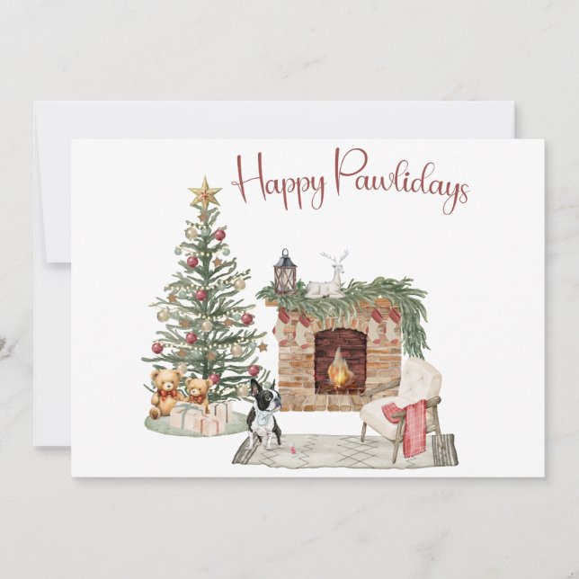 Happy Pawlidays Dog Design- Boston Terrier Holiday Card (Front)