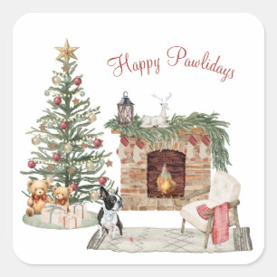 Happy Pawlidays Dog Design- Boston Terrier Square Sticker