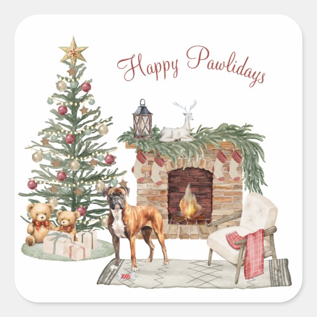 Happy Pawlidays Dog Design- Boxer Square Sticker (Front)