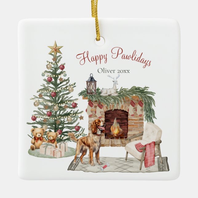Happy Pawlidays Dog Design- Brittany Spaniel Ceramic Ornament (Front)