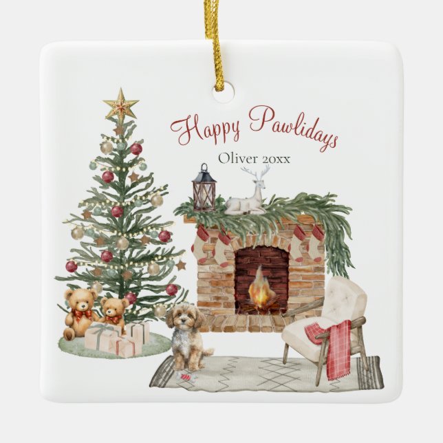 Happy Pawlidays Dog Design- Cavapoo Ceramic Ornament (Front)