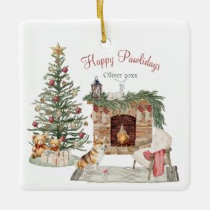 Happy Pawlidays Dog Design- Corgi Ceramic Ornament