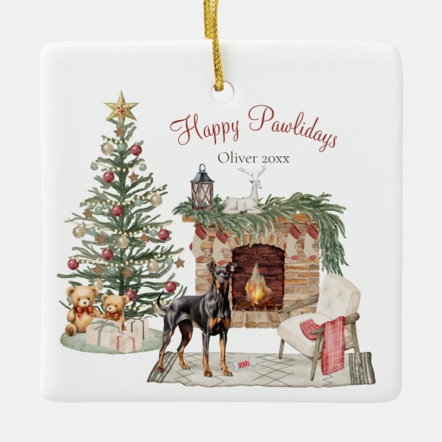 Happy Pawlidays Dog Design- Doberman Pinscher Ceramic Ornament (Front)