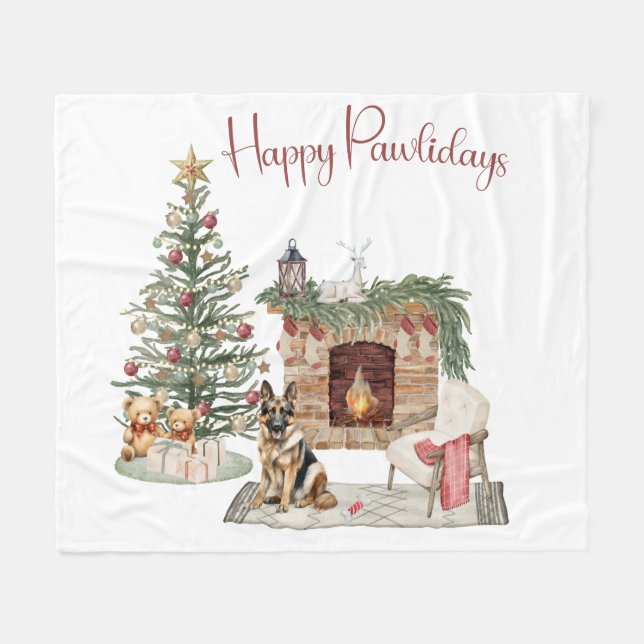 Happy Pawlidays Dog Design- German Shepherd Fleece Blanket (Front (Horizontal))