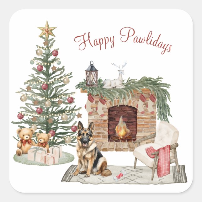 Happy Pawlidays Dog Design- German Shepherd Square Sticker (Front)
